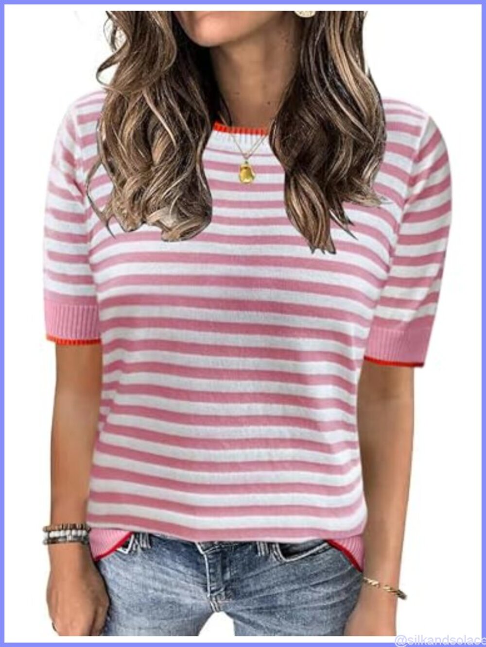 Womens Short Sleeve Knit Striped Sweater Crewneck Casual Top